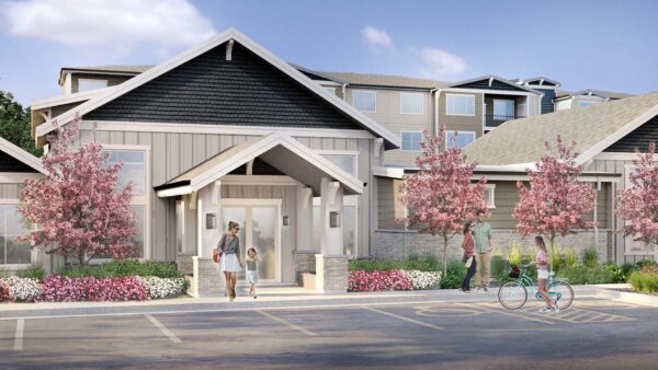 Rendering of Momentum clubhouse with ample parking and lush landscaping.