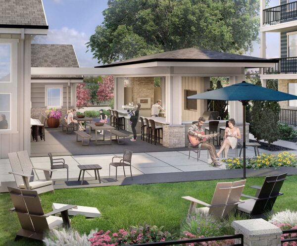 Rendering of pool area with grass, lounge chairs, outdoor kitchen, and umbrellas.