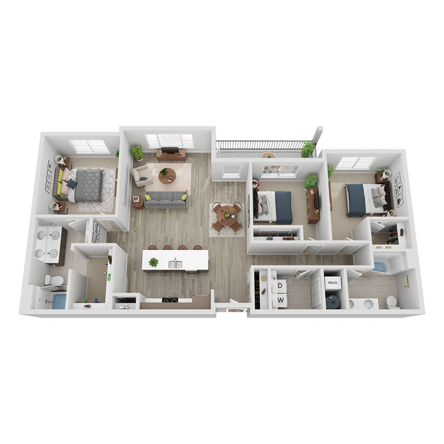 Rendering of the C2A floor plan with 3 bedroom[s] and 2 bathroom[s] at Momentum at First Creek