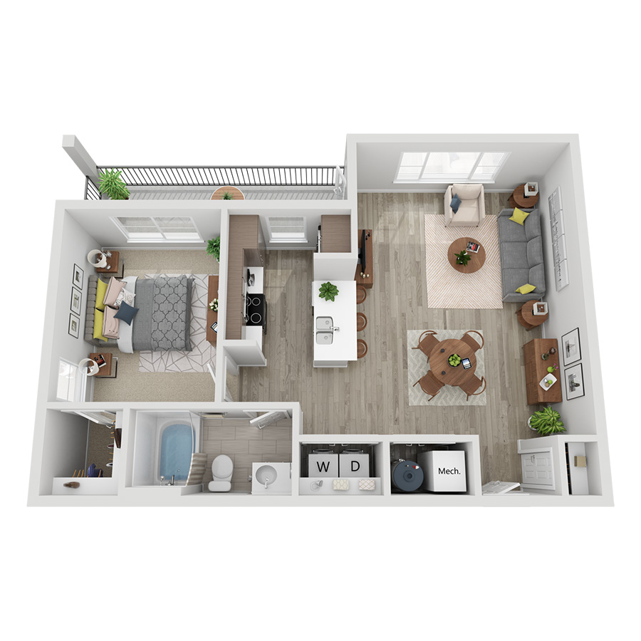 Rendering of the A1C floor plan with 1 bedroom[s] and 1 bathroom[s] at Momentum at First Creek