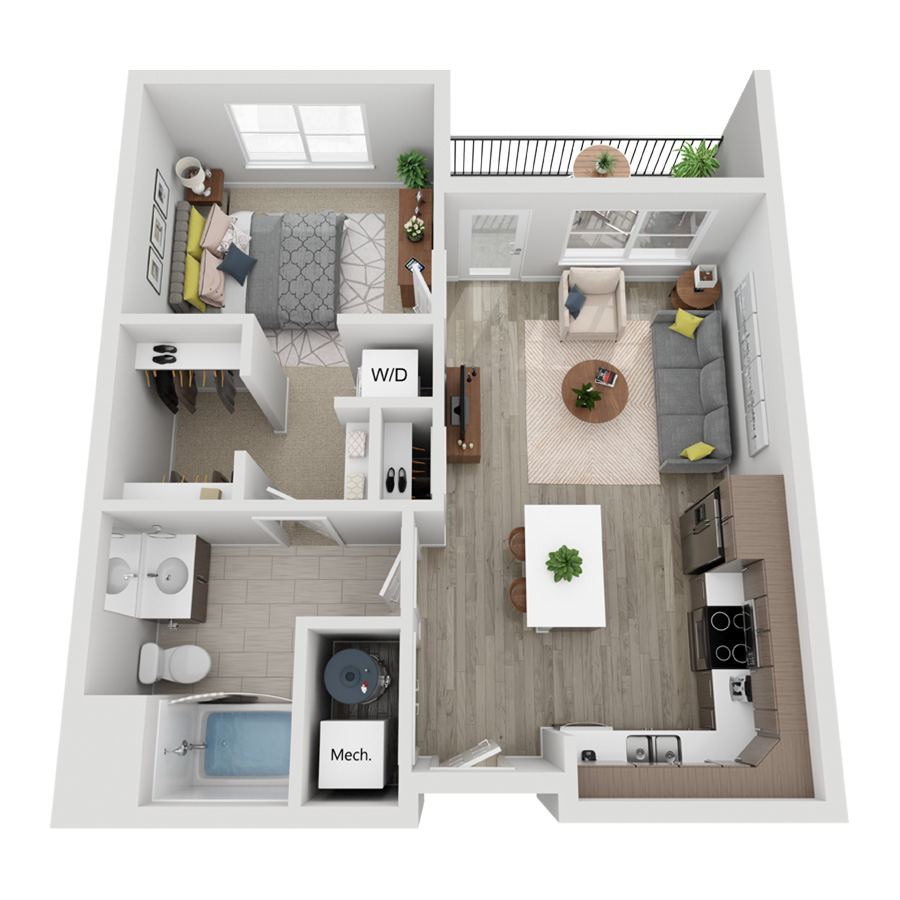 Rendering of the A1A floor plan with 1 bedroom[s] and 1 bathroom[s] at Momentum at First Creek