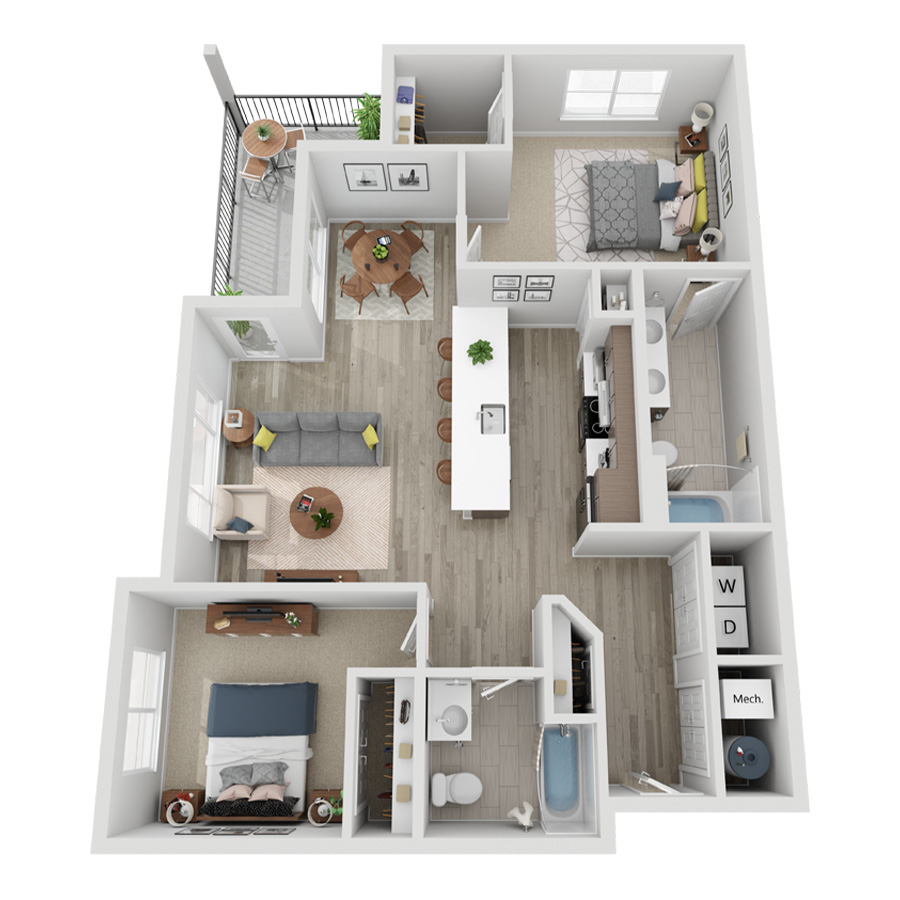 Rendering of the B2A floor plan with 2 bedroom[s] and 2 bathroom[s] at Momentum at First Creek