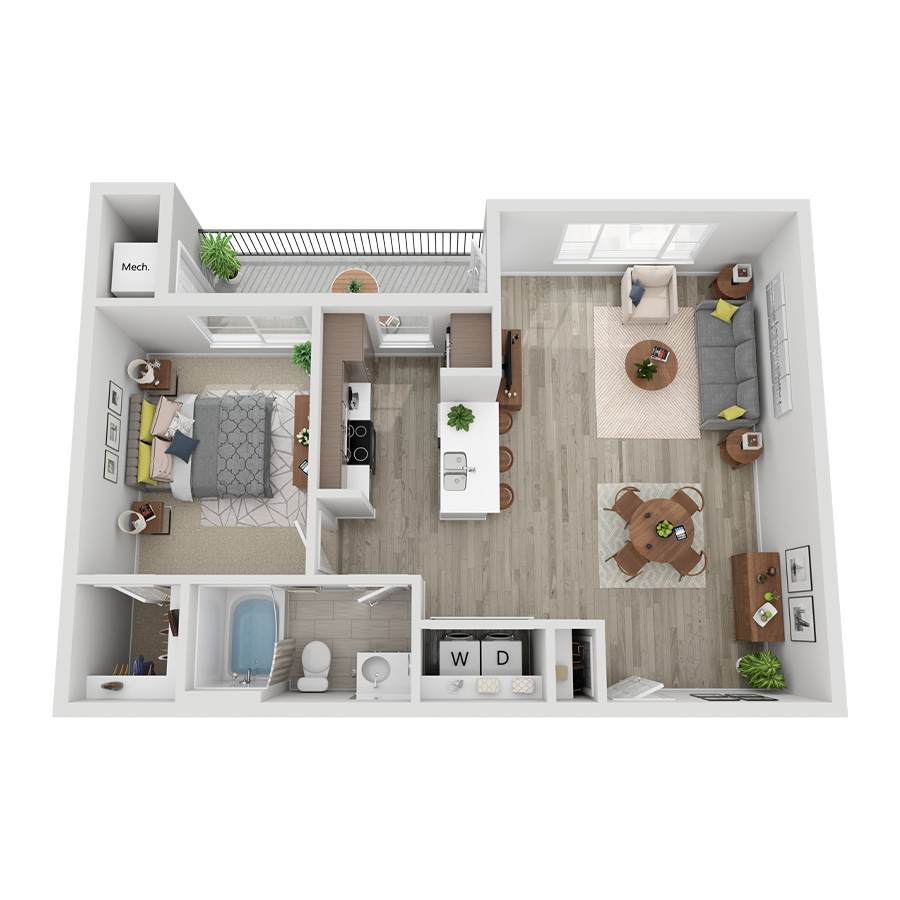 Rendering of the A1D floor plan with 1 bedroom[s] and 1 bathroom[s] at Momentum at First Creek