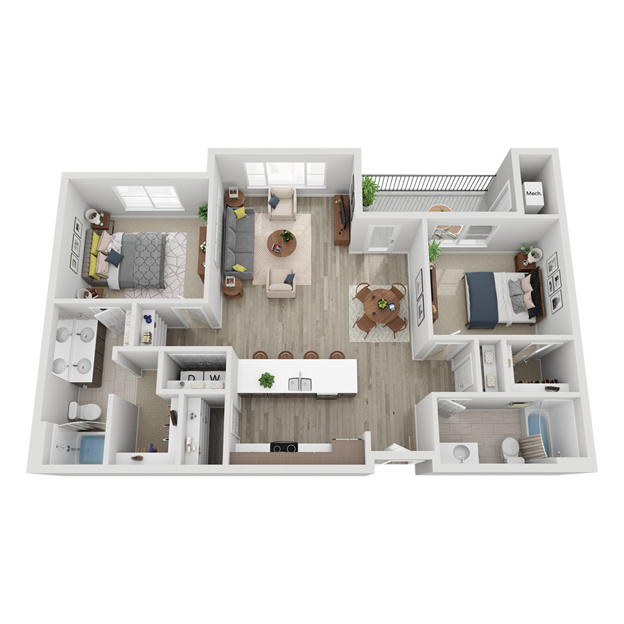 Rendering of the B2B floor plan with 2 bedroom[s] and 2 bathroom[s] at Momentum at First Creek