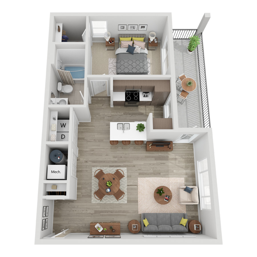 Rendering of the A1B floor plan with 1 bedroom[s] and 1 bathroom[s] at Momentum at First Creek